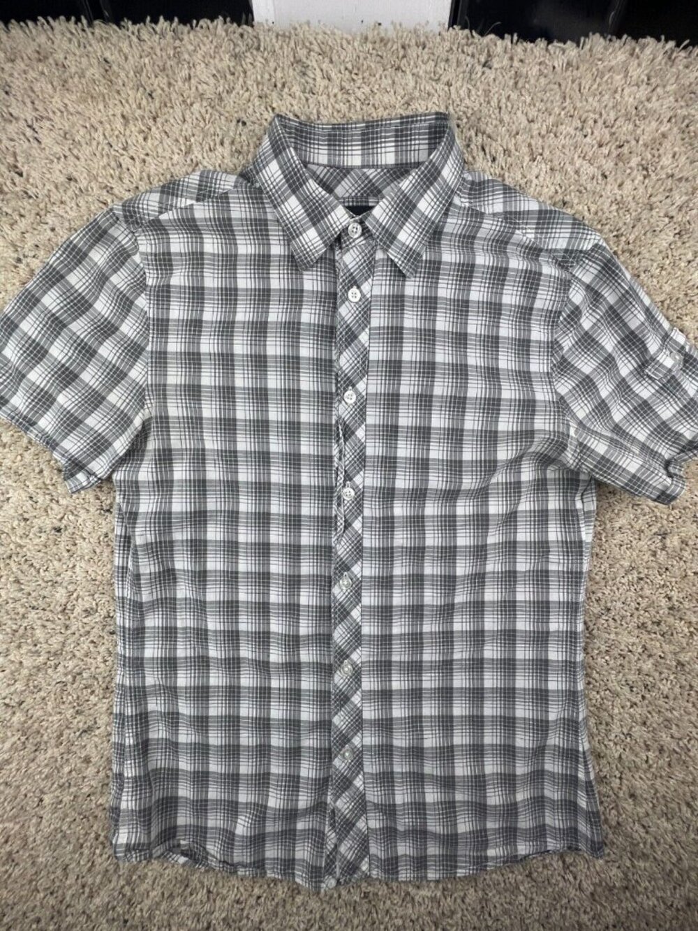 AX Armani Exchange Short Sleeve Button Up Shirt Small Slim Fit Cotton Gray Plaid